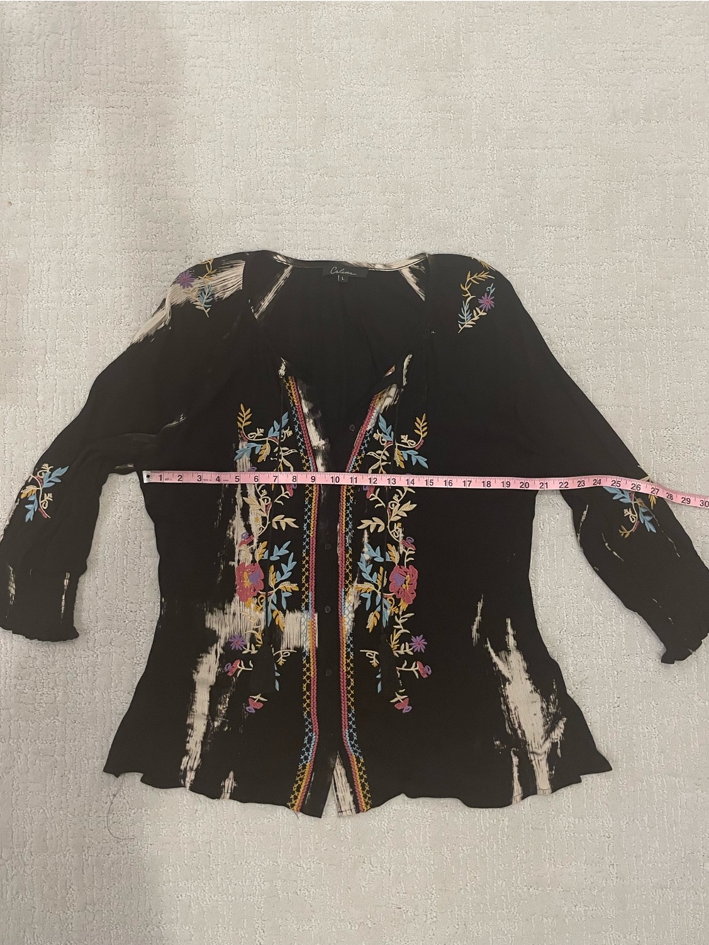 CALESSA Boho Black Floral Embroidered Button-Front Blouse Lightweight Large - Picture 8 of 9